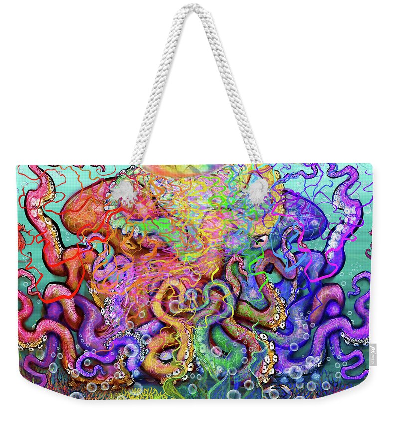 Octopus Weekender Tote Bag featuring the digital art Twisted Tango of Tentacles by Kevin Middleton