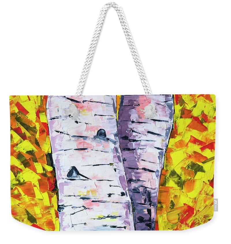 Aspens Weekender Tote Bag featuring the painting Two Aspens in Autumn by Mark Ross