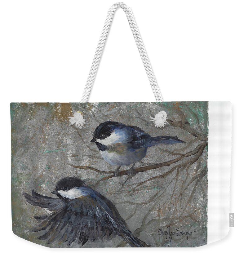 Songbird Weekender Tote Bag featuring the painting Two Chickadees by Cheri Wollenberg
