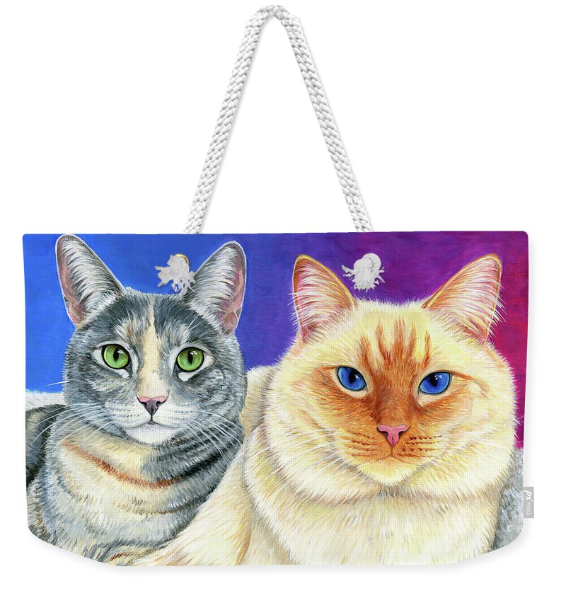 Cat Weekender Tote Bag featuring the painting Two Cute Cats by Rebecca Wang