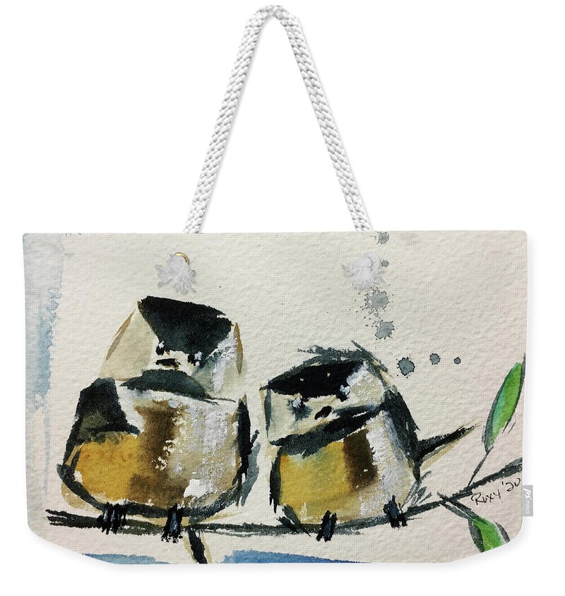 Grand Tit Weekender Tote Bag featuring the painting Two Fat Chickadees by Roxy Rich