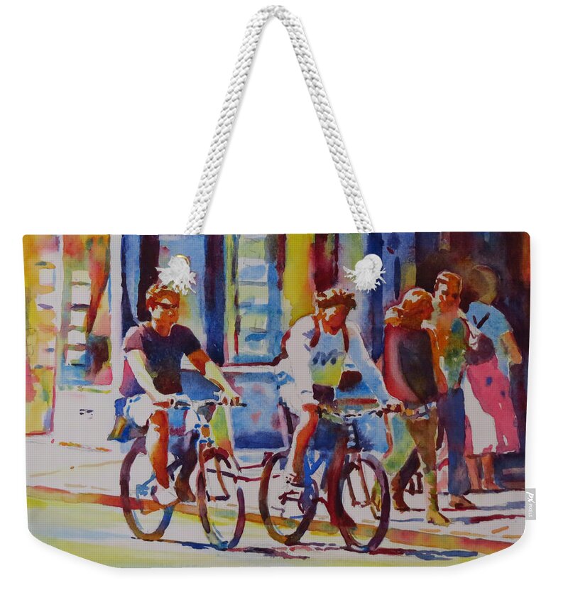 Oxford Weekender Tote Bag featuring the painting Two Go Cycling-G.Berry #89 by David Gilmore