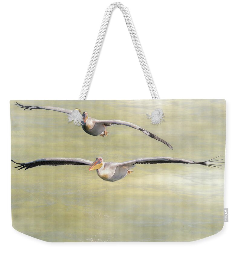 Great White Pelican Weekender Tote Bag featuring the photograph Two Great White Pelican Flying with texture by Belinda Greb