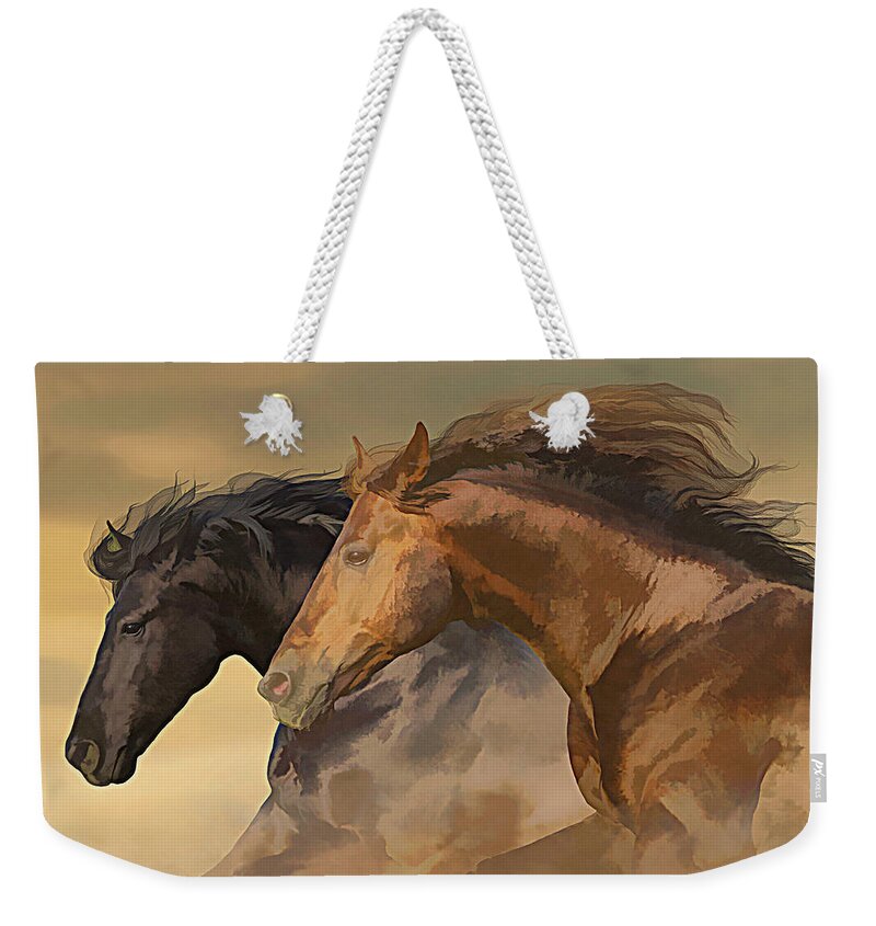 Horse Weekender Tote Bag featuring the digital art Two Horse Heads - paint 1 by Steve Ladner