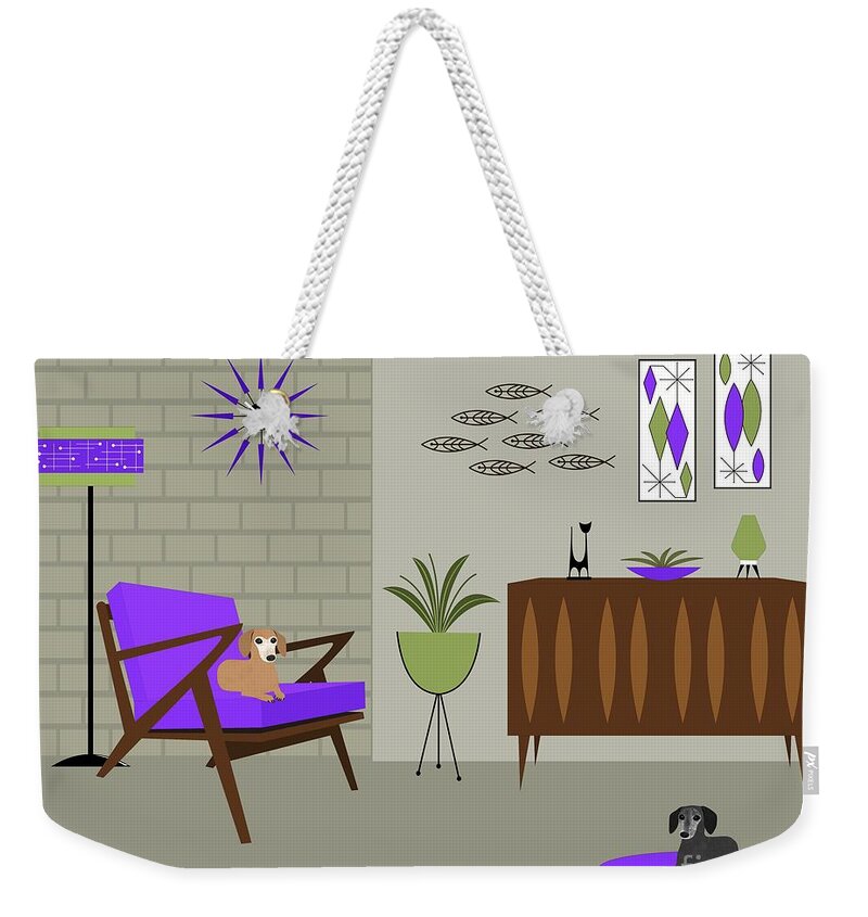 Mid Century Modern Dachshunds Weekender Tote Bag featuring the digital art Two Mid Century Dachshunds in Purple Room by Donna Mibus