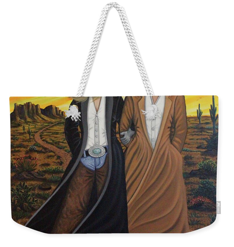 Sunset Weekender Tote Bag featuring the painting Two On The Trail by Lance Headlee