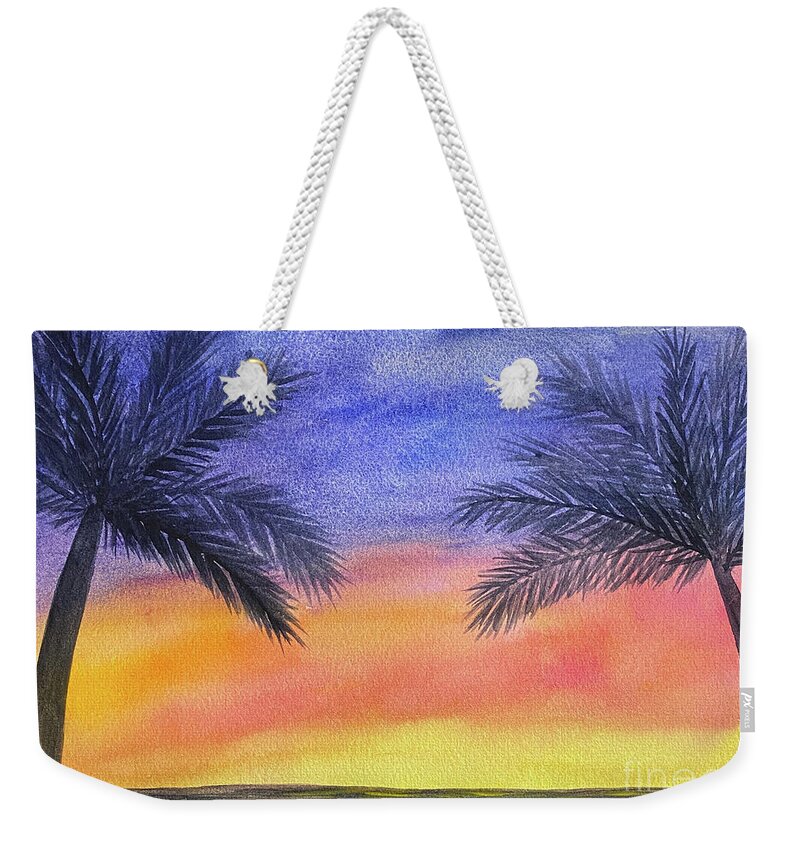 Palm Trees Weekender Tote Bag featuring the painting Two Palm Trees at Sunset by Lisa Neuman