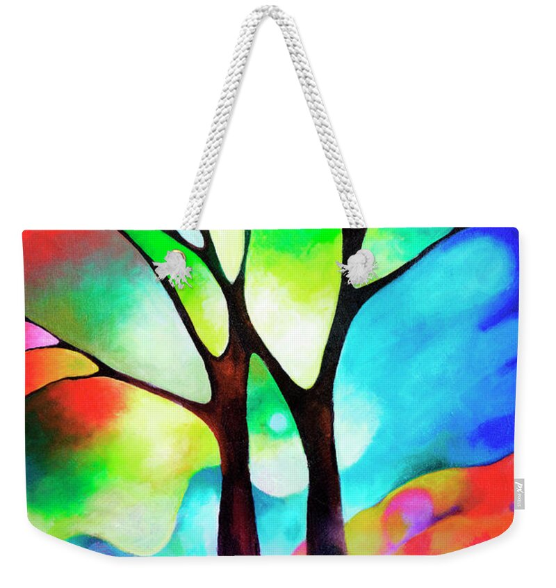 Abstract Weekender Tote Bag featuring the painting Two Trees original Sally Trace painting by Sally Trace