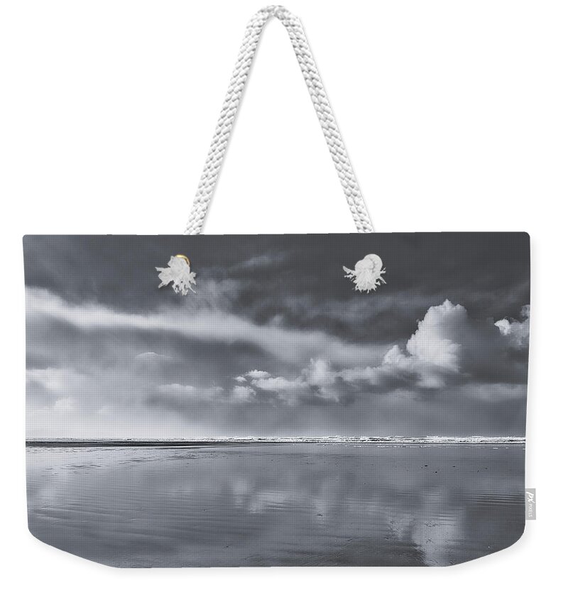 Black And White Photography Weekender Tote Bag featuring the photograph Two Views of Combers Beach Black and White by Allan Van Gasbeck