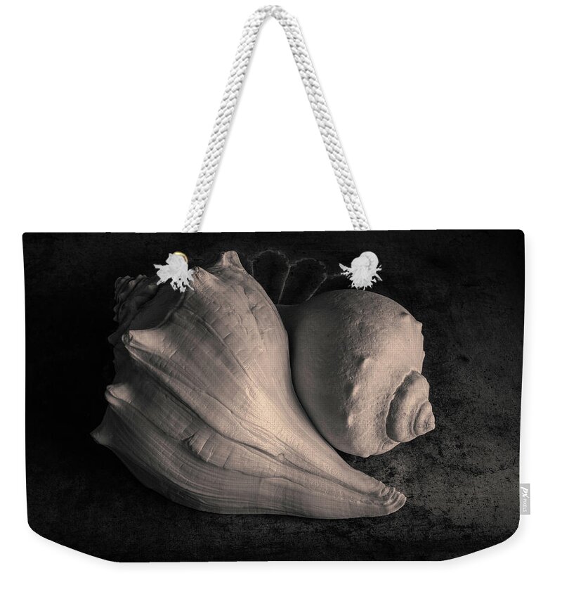 Black And White Weekender Tote Bag featuring the photograph Two Whelk Shells Toned by David Gordon