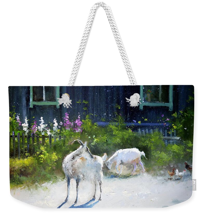 Russian Artists New Wave Weekender Tote Bag featuring the painting Two White Goats by Igor Medvedev
