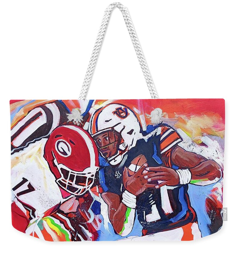 Uga Vs Auburn Weekender Tote Bag featuring the painting Uga Vs Auburn by John Gholson