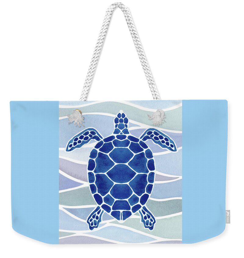 Giant Weekender Tote Bag featuring the painting Ultramarine Blue Giant Turtle In Waves Watercolor by Irina Sztukowski