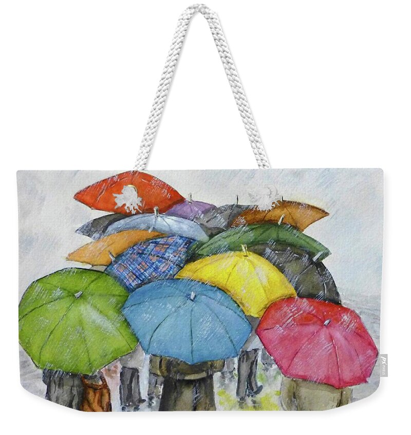 Umbrella Weekender Tote Bag featuring the painting Umbrella Huddle Walk by Kelly Mills