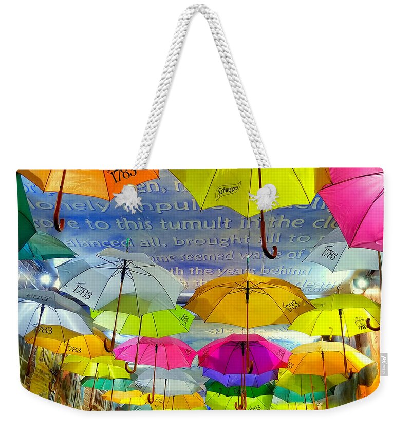 Umbrella Weekender Tote Bag featuring the photograph Dancing In The Rain - Belfast by Gene Taylor