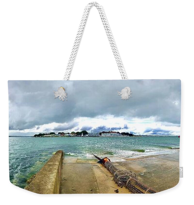 Sandbanks Weekender Tote Bag featuring the photograph Under a Cloud Poole Ferry Crossing Panorama by Gordon James