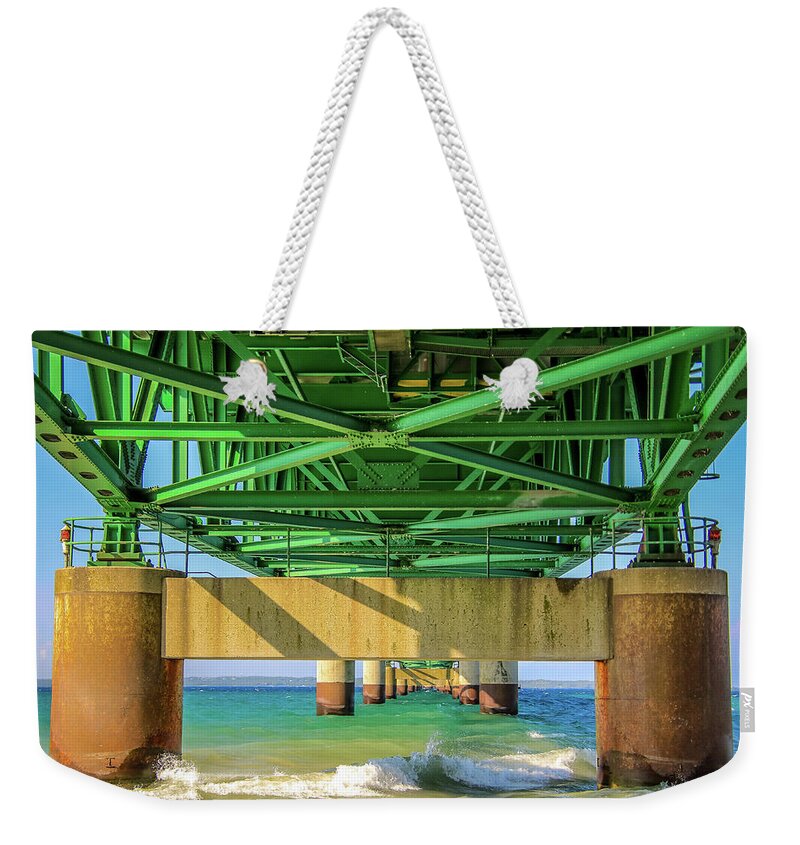 5th Longest Suspension Bridge Weekender Tote Bag featuring the photograph Under the Bridge by Deb Beausoleil