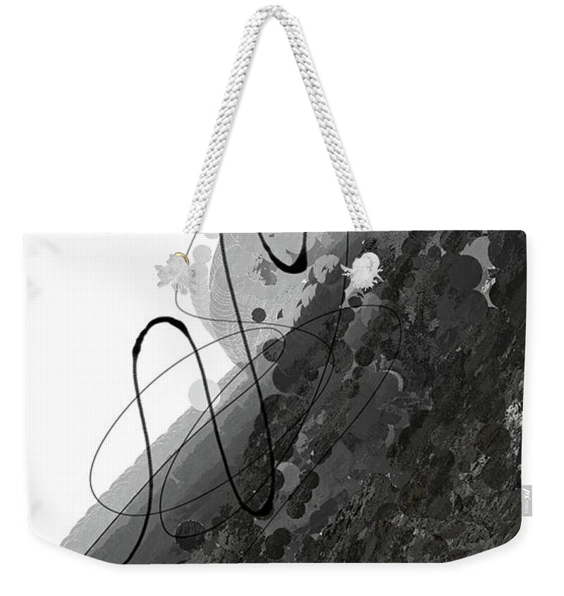 Taupe Modern Art Weekender Tote Bag featuring the painting Uneven Elegance No. 5 - Black Gray Cream AbstractArt by Lourry Legarde