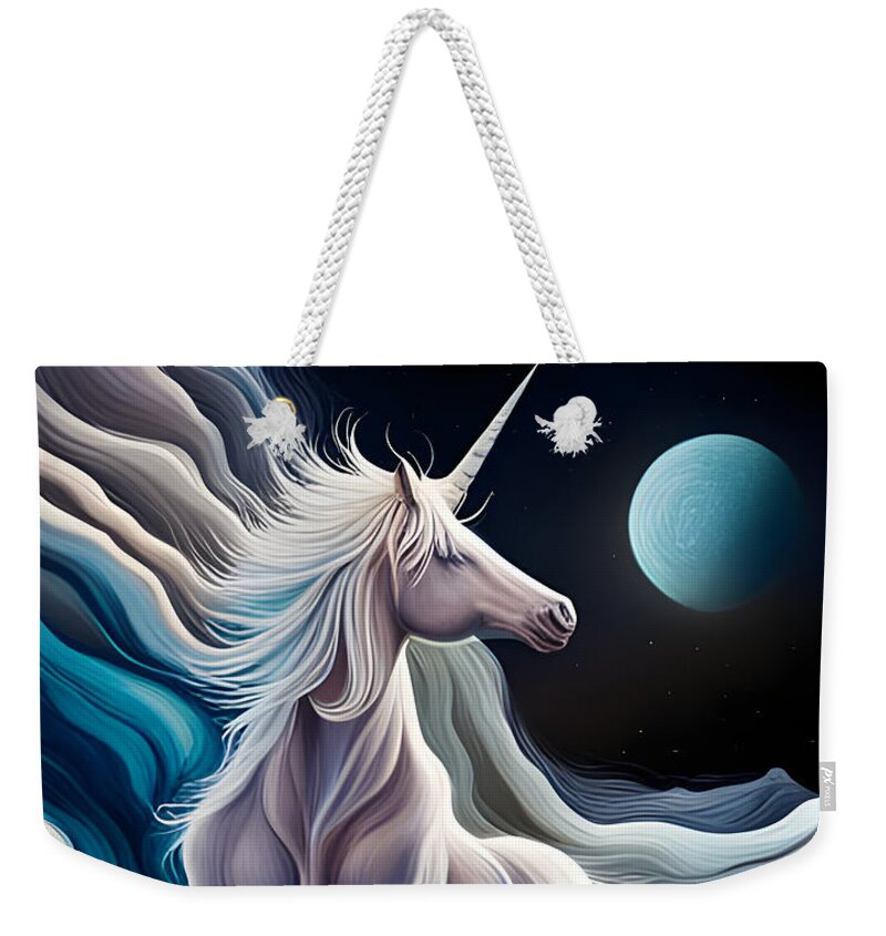 Unicorn Weekender Tote Bag featuring the digital art Unicorn On The Moon by Jason Denis