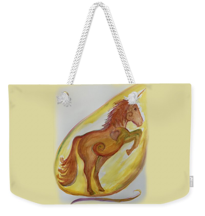 Unicorn Weekender Tote Bag featuring the painting Unicorn Rearing by Sandy Rakowitz