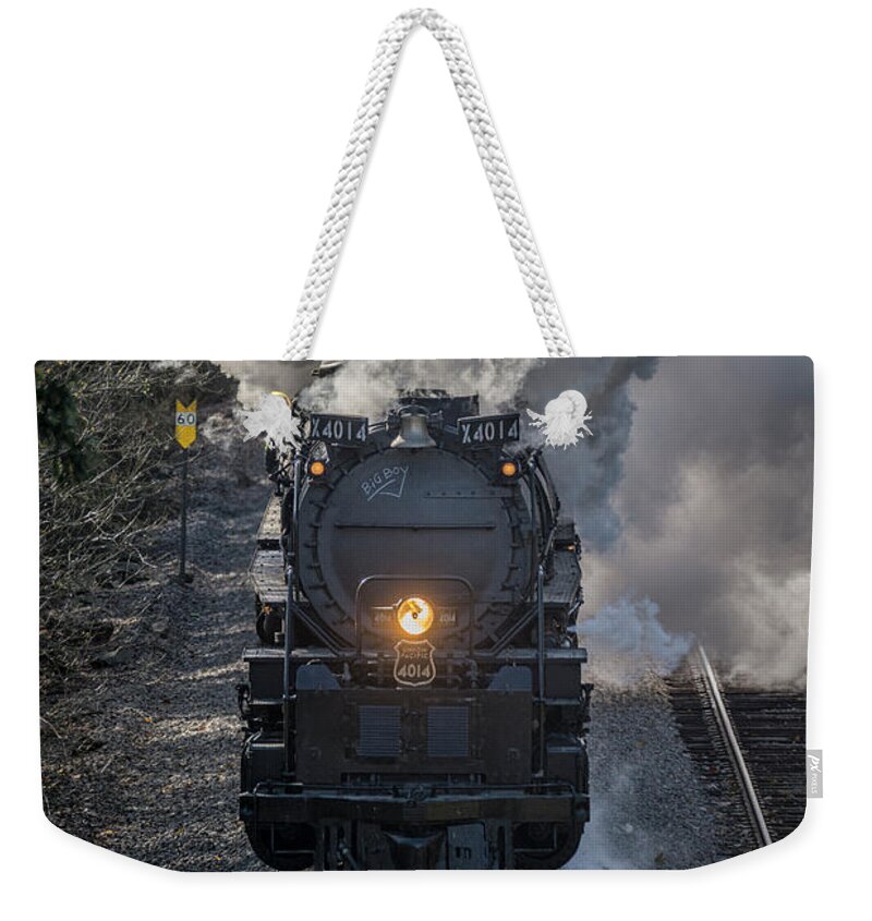 Railroad Weekender Tote Bag featuring the photograph Union Pacific Big Boy 4014 Departs Hope Arkansas by Jim Pearson