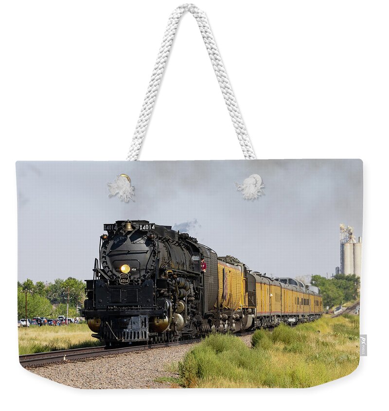 Train Weekender Tote Bag featuring the photograph Union Pacific Big Boy Leaves Town by Tony Hake