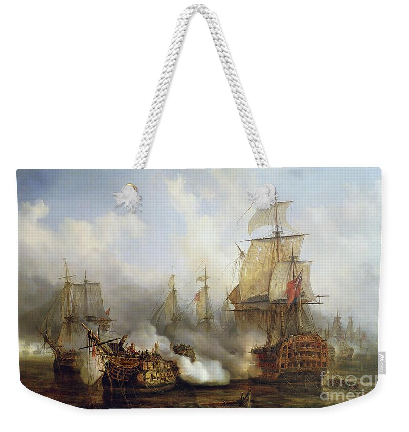 The Weekender Tote Bag featuring the painting Unknown title Sea Battle by Auguste Etienne Francois Mayer