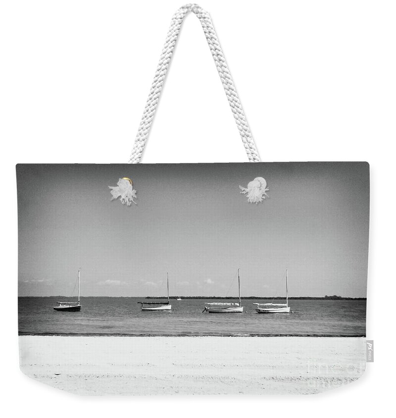 Florida Weekender Tote Bag featuring the photograph Useppa Sailboats BW by Chris Andruskiewicz