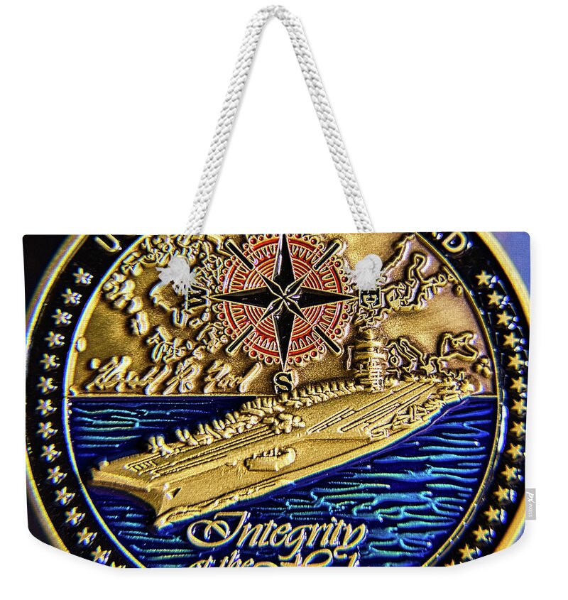 Navy Weekender Tote Bag featuring the photograph US Navy Gerald R. Ford Challenge Coin Front by Rene Vasquez