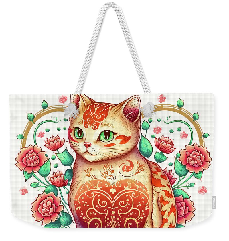 Cat Weekender Tote Bag featuring the digital art Valentines Day Art Greetings 05 Love Cat by Matthias Hauser