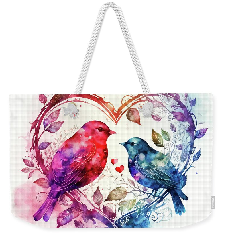 Birds Weekender Tote Bag featuring the digital art Valentines Day Art Greetings 08 Bird Couple by Matthias Hauser