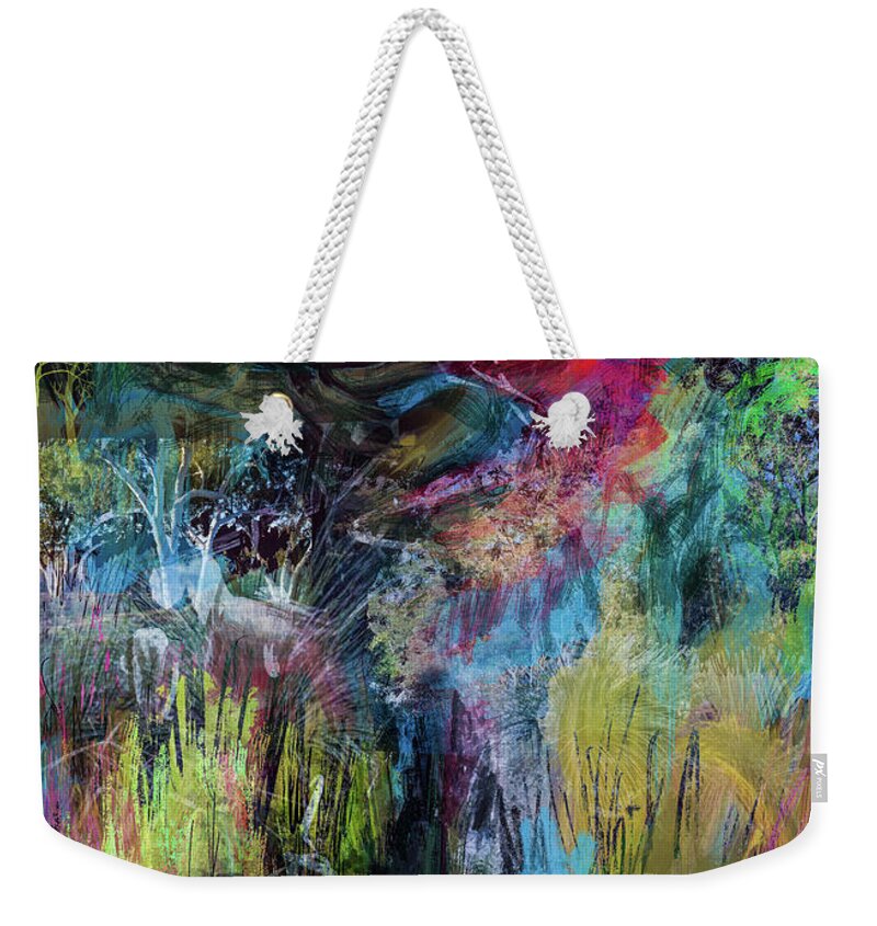 Abstract Weekender Tote Bag featuring the digital art Valley in the hills a painting by Jeremy Holton by Jeremy Holton