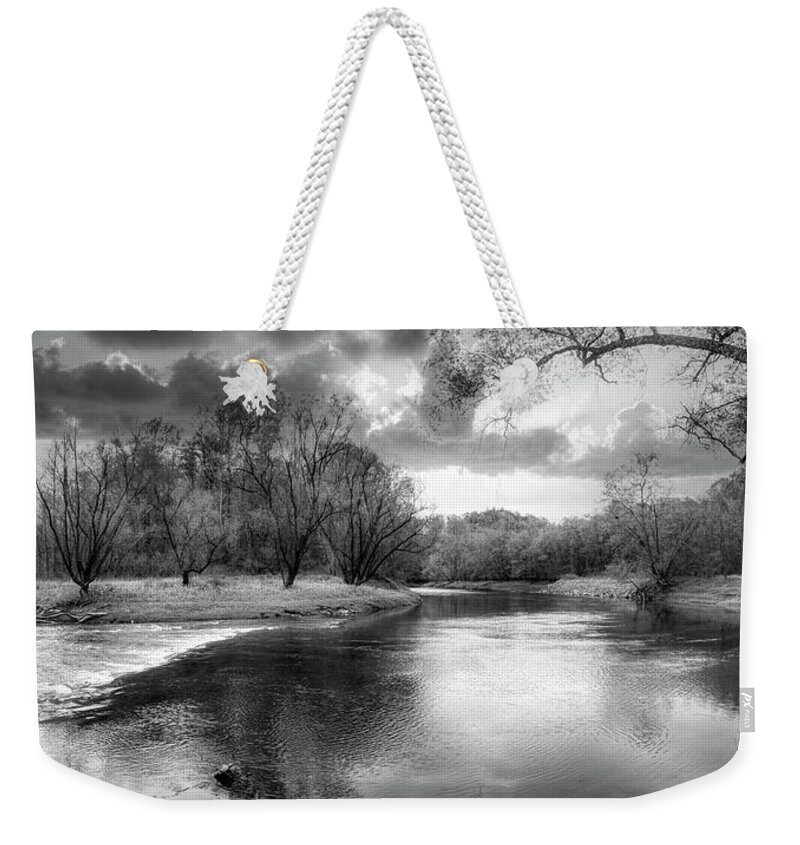Carolina Weekender Tote Bag featuring the photograph Valley River Panorama in Black and White by Debra and Dave Vanderlaan