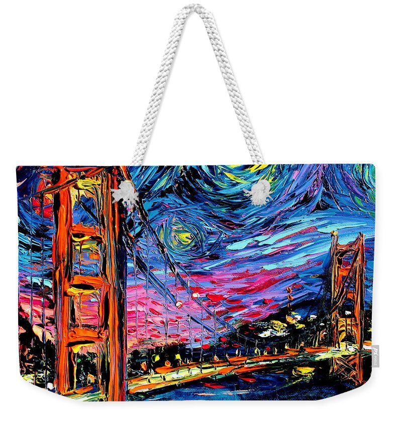 Golden Gate Bridge Weekender Tote Bag featuring the painting van Gogh Never Saw Golden Gate by Aja Trier