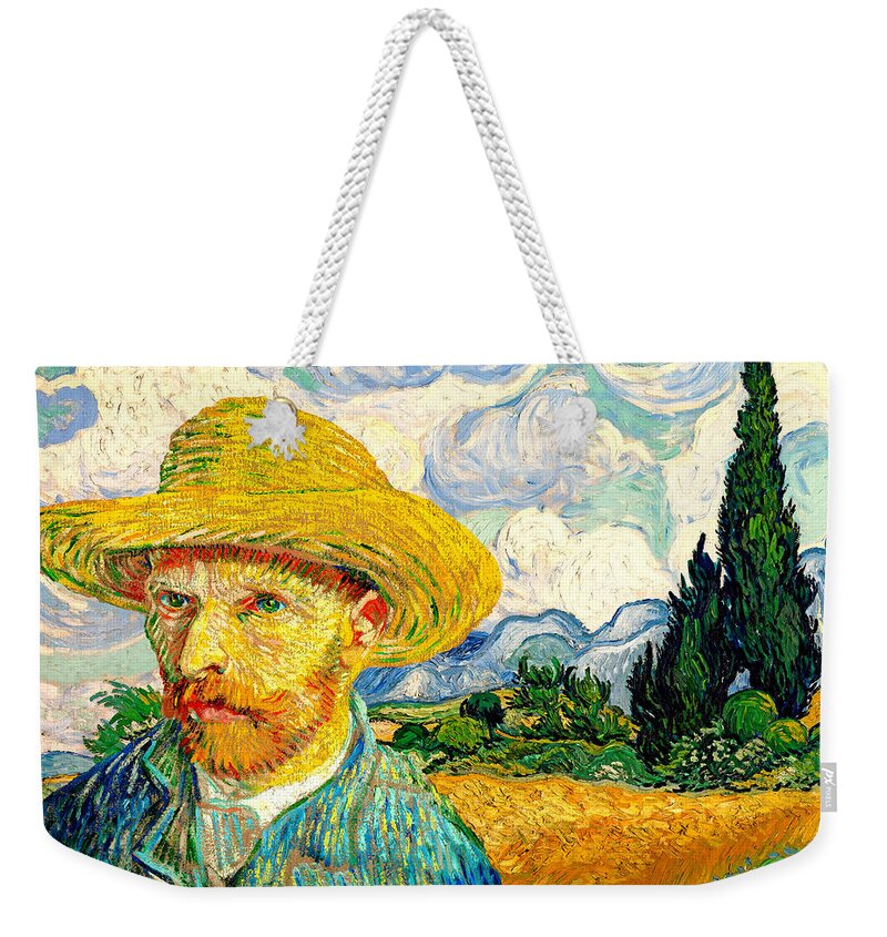 Straw Hat Weekender Tote Bag featuring the digital art Van Gogh Self-Portrait with Straw Hat in front of Wheat Field with Cypresses by Nicko Prints