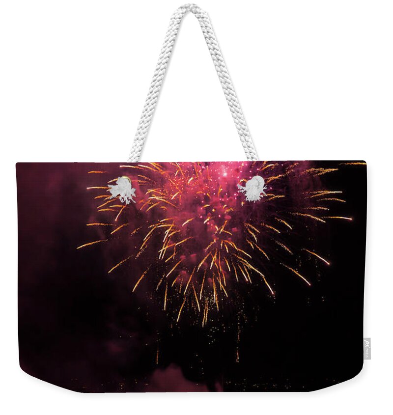 Fireworks Weekender Tote Bag featuring the relief Vancouver Fireworks Competition by Ginger Stein