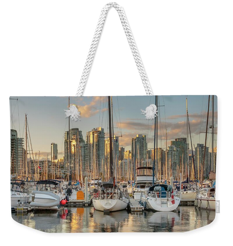 3scape Weekender Tote Bag featuring the photograph Vancouver Skyline and Sailboats at Dusk Panoramic by Adam Romanowicz