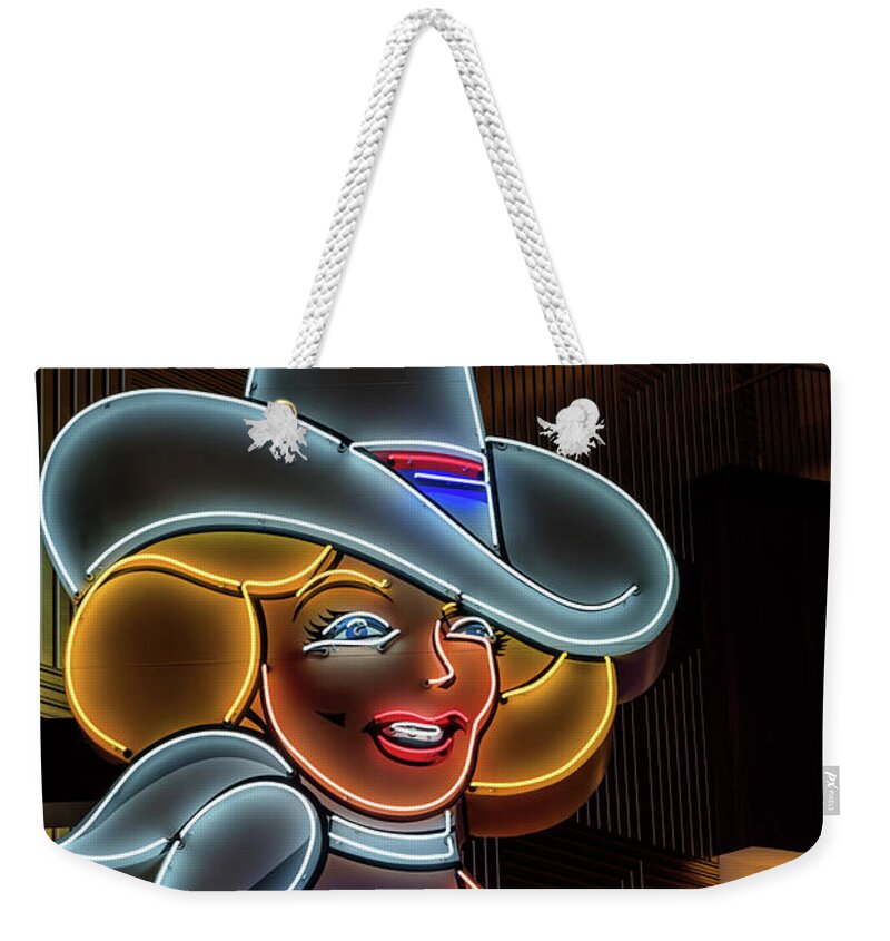 Vegas Vickie Weekender Tote Bag featuring the photograph Vegas Vickie Neon Sign Profile Portrait Macro by Aloha Art