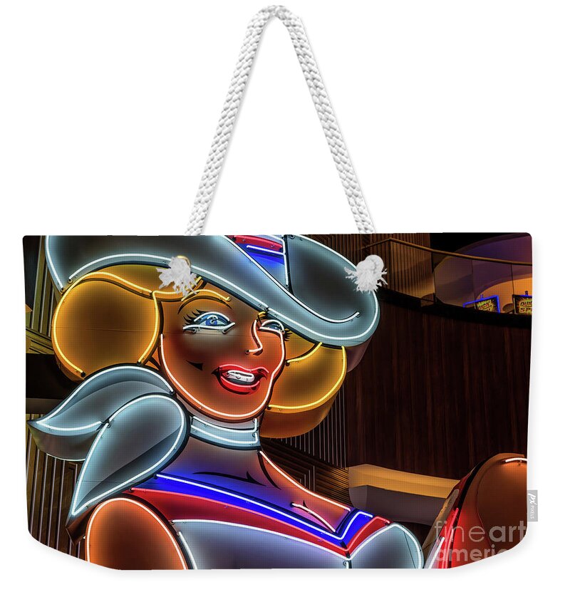 Vegas Vickie Weekender Tote Bag featuring the photograph Vegas Vickie Profile Neon Sign Macro by Aloha Art
