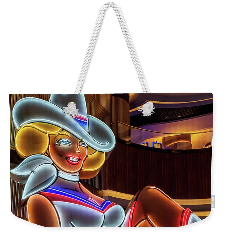 Vegas Vickie Weekender Tote Bag featuring the photograph Vegas Vickie Profile Neon Sign Portrait by Aloha Art