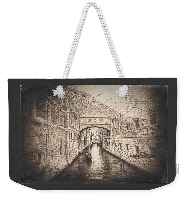 Bridge Of Sighs Weekender Tote Bag featuring the photograph Venice Italy Bridge of Sighs With Vintage Map Sepia by Carol Japp