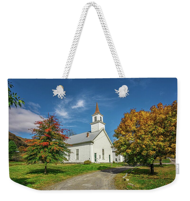 Fall Weekender Tote Bag featuring the photograph Vermont Autumn at North Tunbridge Church by Ron Long Ltd Photography