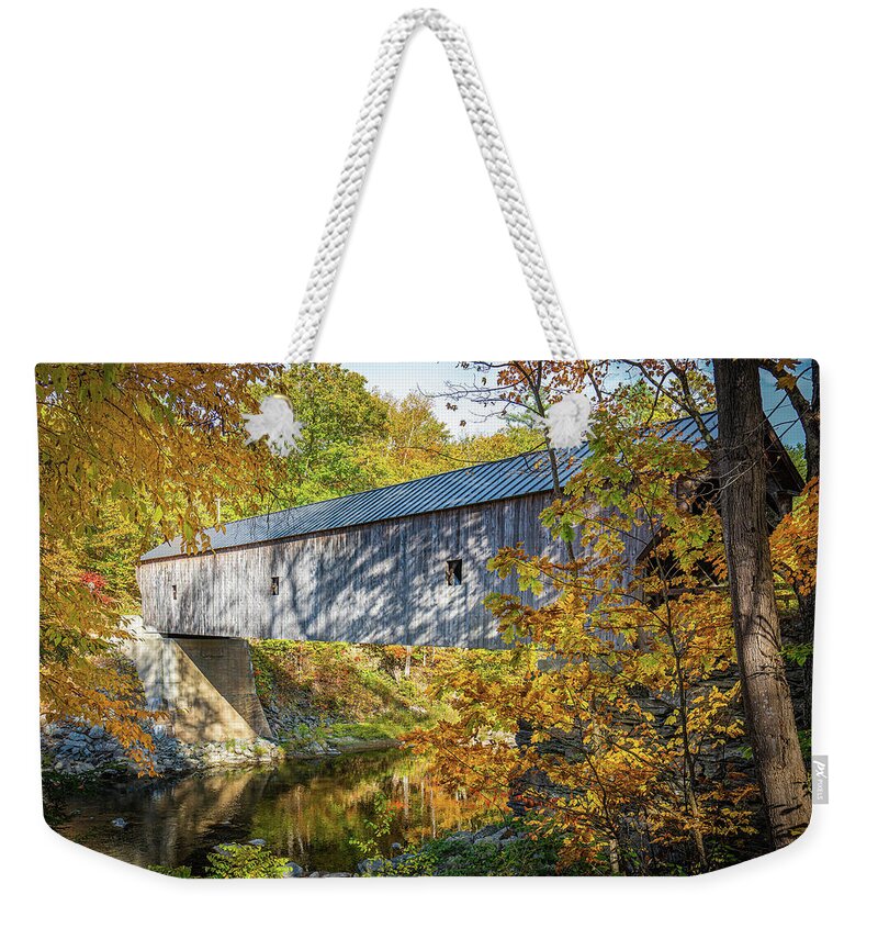 Bridge Weekender Tote Bag featuring the photograph Vermont Autumn at Upper Falls Covered Bridge 4 by Ron Long Ltd Photography