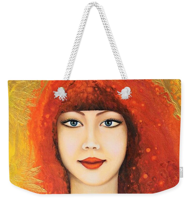 Woman Wall Art Woman Face  Girl With Sunflowers Flowers Home Decor Acrylic Abstract Painting Portrait Pouring Art Acrylic Painting Beautiful Woman Weekender Tote Bag featuring the painting Vesna by Tanya Harr