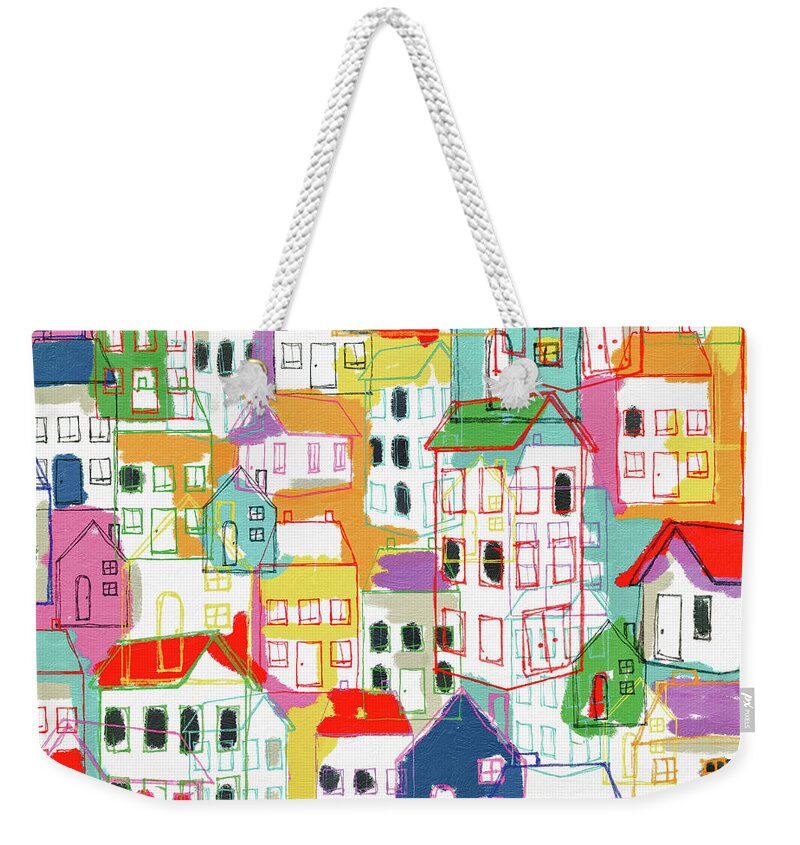 City Weekender Tote Bag featuring the mixed media Vibrant City Life- Art by Linda Woods by Linda Woods