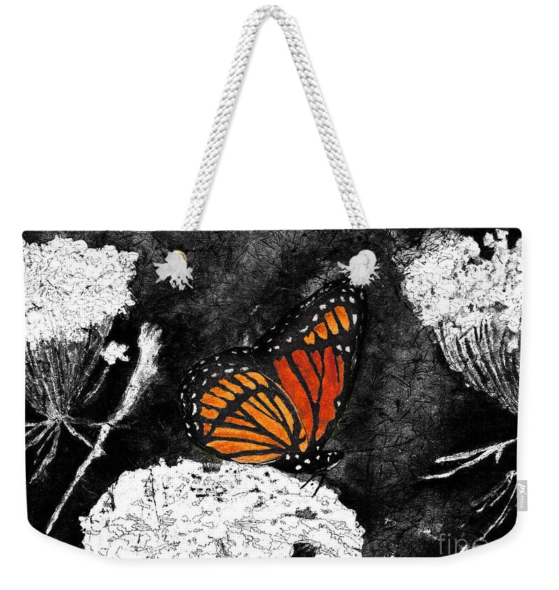 Butterfly Weekender Tote Bag featuring the digital art Viceroy Butterfly in Selective Color from Watercolor Batik by Conni Schaftenaar