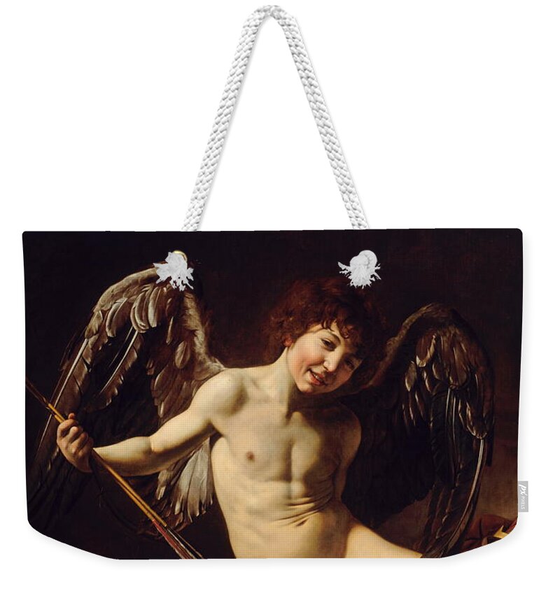 Amor Victorious Weekender Tote Bag featuring the painting Victorious Cupid by Michelangelo Merisi da Caravaggio