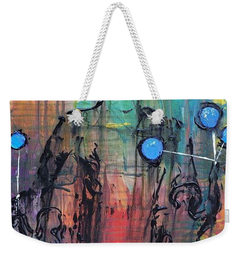  Weekender Tote Bag featuring the painting The Victory with Dad, Daughters, and Balloons by Mark SanSouci