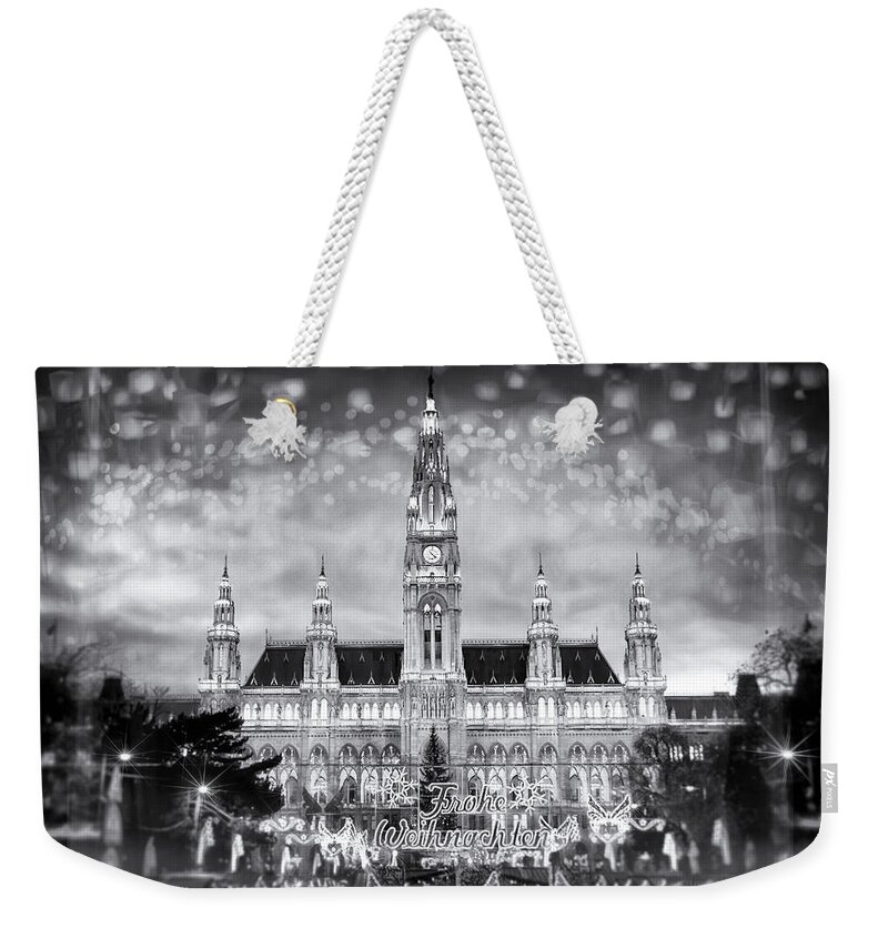Vienna Weekender Tote Bag featuring the photograph Vienna Austria City Hall Festive Season Black and White by Carol Japp