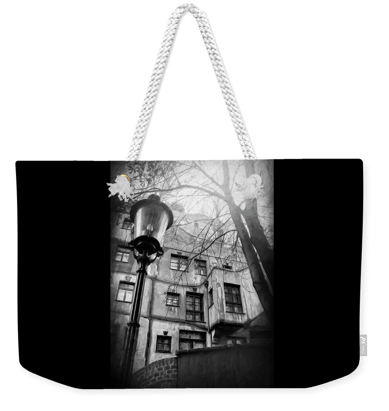 Vienna Weekender Tote Bag featuring the photograph Vienna Austria Hundertwasser House Black and White by Carol Japp